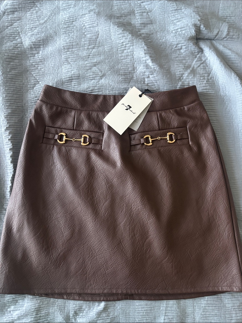 7 For All Mankind Brown Faux Leather Mini Skirt with Gold Accent Hardware
